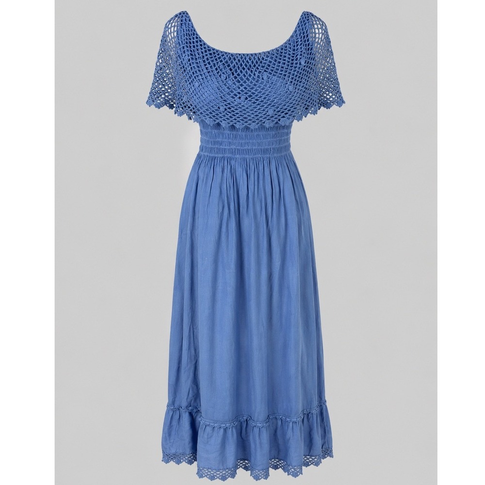 Boho Blue Linen Blend Crochet Lace Smocked Waist Maxi Dress Summer Cottagecore